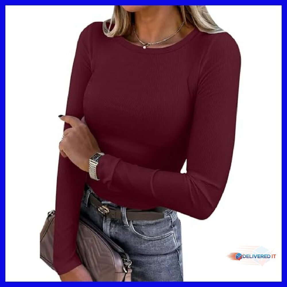 Slim Fit Long Sleeve Rib Knit Tee - Rayon Blend Basic Top - Picture 2 of 8